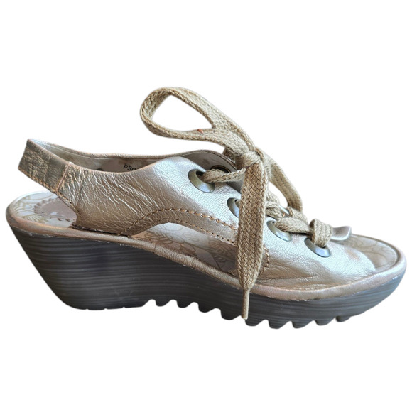 FLY LONDON Yifa Peep Toe Leather Lace Up Wedge Sandals Gold Size 38 US 7.5 - Picture 1 of 8
